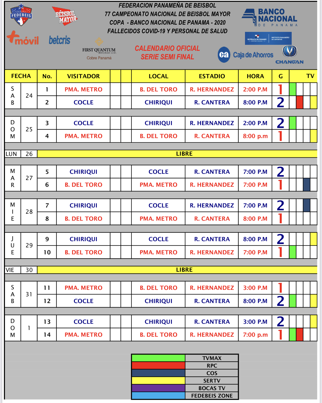 Calendario Oficial De La Fase Semifinal Del Béisbol Mayor 2020 ...